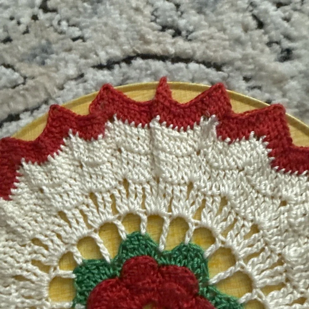 Vintage Hand Crocheted Kitchen Trivet And  Cover Doily Red/White Raised Rose